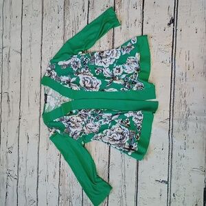 Slinky Brand Green White Black Floral Print Open Cardigan Shrug Kimono PL
